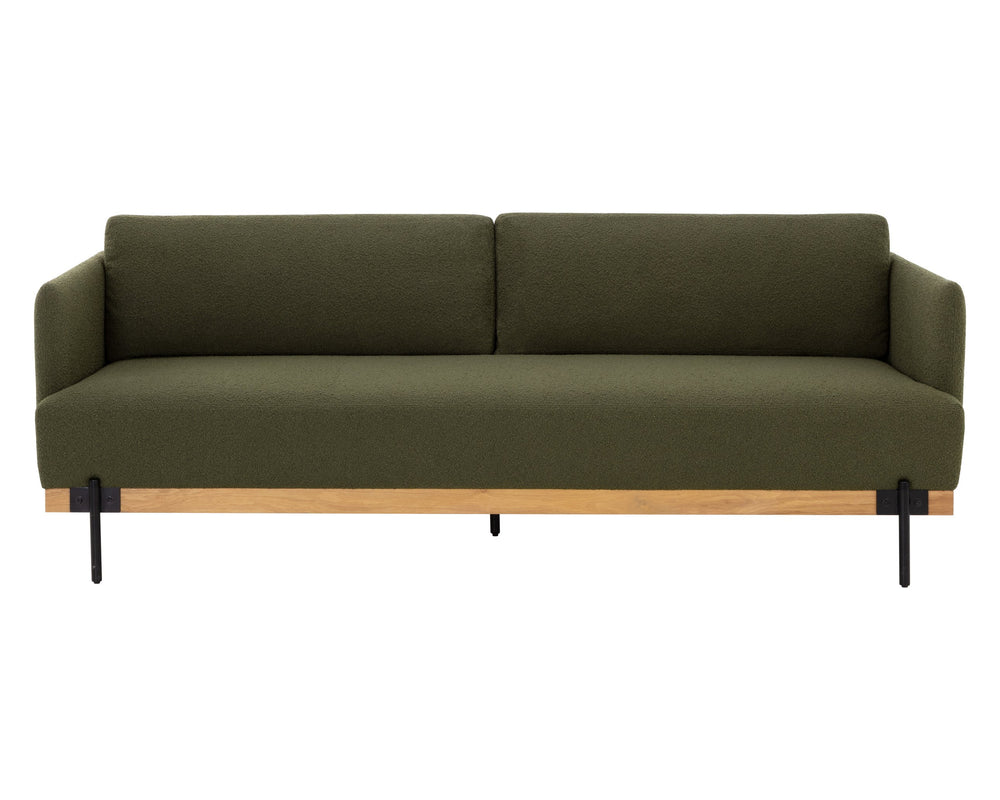 Sunpan Saul Sofa - Handcrafted Comfort with Rustic Oak Frame and Black Iron Legs for Timeless Elegance Copenhagen Olive