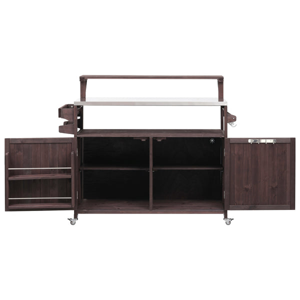 English Elm K&K 53.3" Outdoor Kitchen Island with 1.2" Stainless Top, Spacious Storage, Raised Shelf, Wheels Brown N707P250628Z