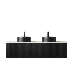 English Elm Dina 60 Inch Floating Bathroom Vanity Sintered Stone Top Dual Glass Basins Wood Grain Black,Carrara White W2615S00707