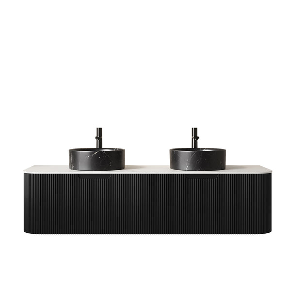 English Elm Dina 60 Inch Floating Bathroom Vanity Sintered Stone Top Dual Glass Basins Wood Grain Black,Carrara White W2615S00707