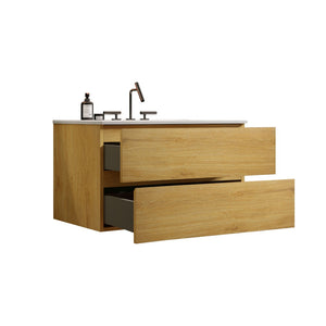 English Elm Tia 36" Natural Oak Wall-Mount Bathroom Vanity With Ceramic Sink, Soft-Close Drawers & Storage Space W1865S00069-GIGA