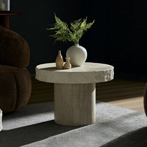 English Elm 23.82 Inch Round Fiberglass Coffee Table Sculptural Stone Texture for Modern Living Rooms W876P450500