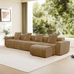 English Elm Streamlined Modular L-shaped Sectional Velvet Sofa with Ottoman and Tailored Piping Detail Brown W3041S00376