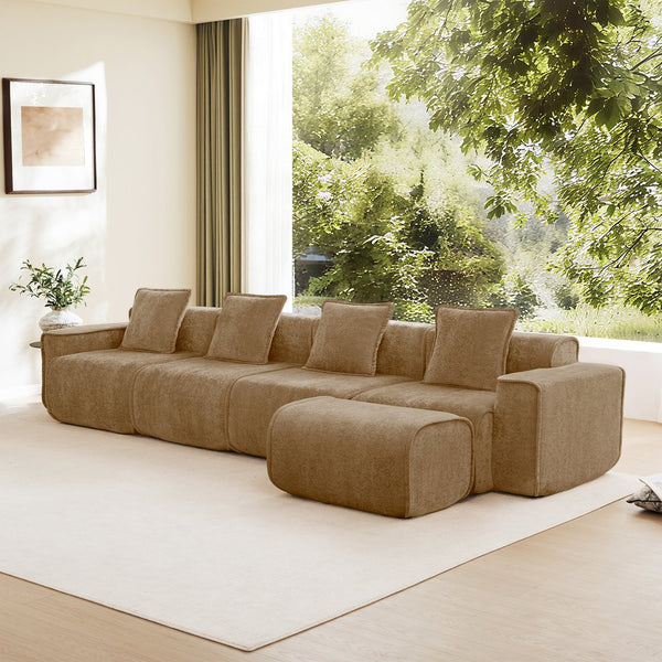 English Elm Streamlined Modular L-shaped Sectional Velvet Sofa with Ottoman and Tailored Piping Detail Brown W3041S00376