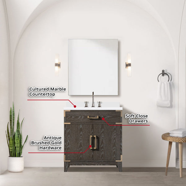 English Elm Brown Oak Single Bath Vanity Set With Cultured Marble Top, Chrome Faucet & 28" Mirror - Stylish Upgrade! B2731S02004