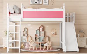 English Elm Queen Solid Pine Loft Bed with Wardrobe Shelves Detachable Slide and Dual Sleeping Zones Pink,White W5305S00026