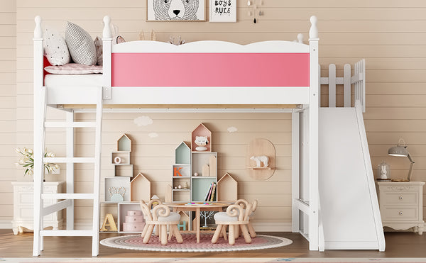 English Elm Queen Solid Pine Loft Bed with Wardrobe Shelves Detachable Slide and Dual Sleeping Zones Pink,White W5305S00026