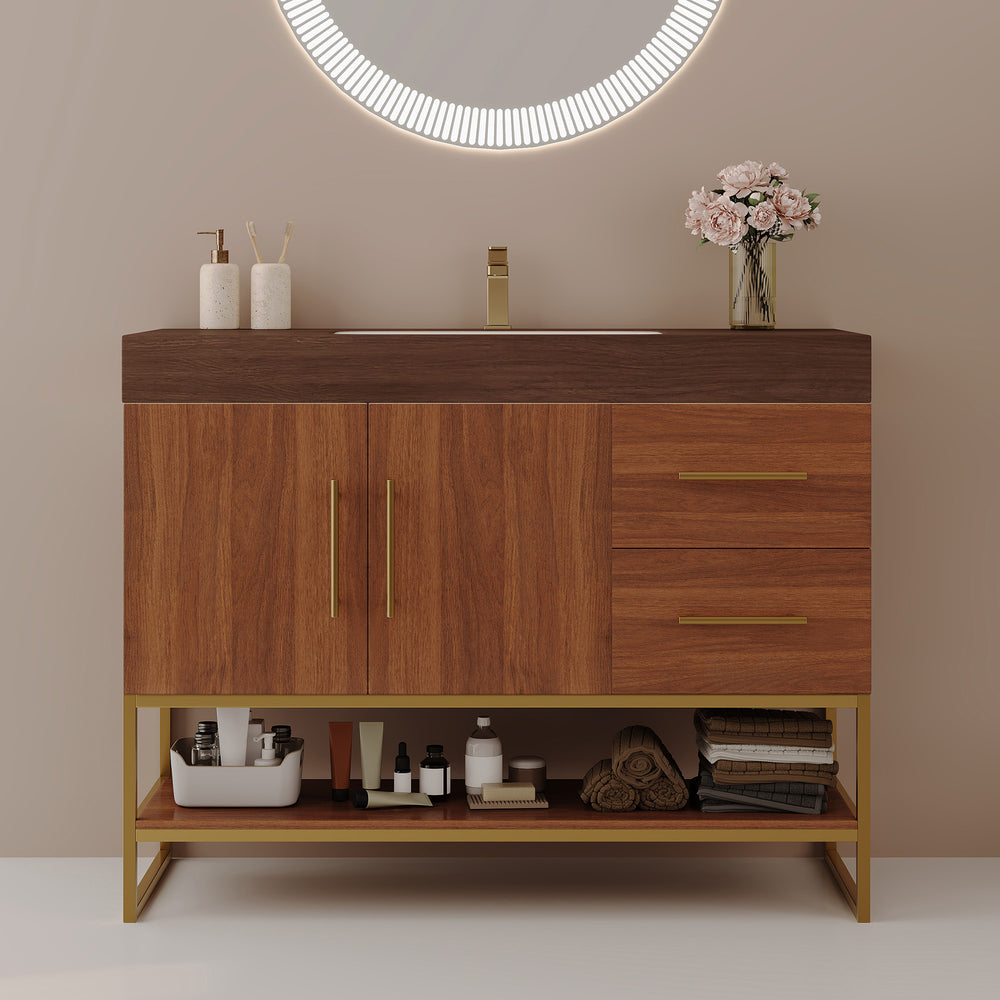English Elm 36" Freestanding Bathroom Vanity Sintered Stone Top Integrated Basin Gold Hardware W3136S00058
