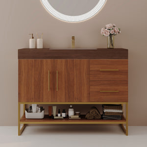 English Elm 36" Freestanding Bathroom Vanity Sintered Stone Top Integrated Basin Gold Hardware W3136S00058