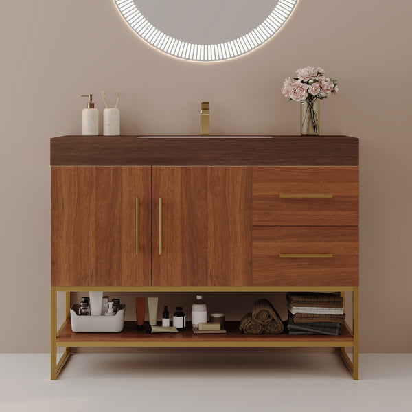 English Elm 36" Freestanding Bathroom Vanity Sintered Stone Top Integrated Basin Gold Hardware W3136S00058
