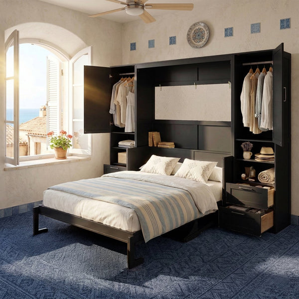 English Elm Queen Murphy Fold Down Wall Bed with Wardrobe Drawers and Shelves for Guest Rooms LP000909AAB