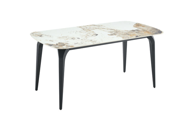 English Elm Modern Sintered Stone Rectangular Dining Table with Gold Accent Metal Base W3493S00016