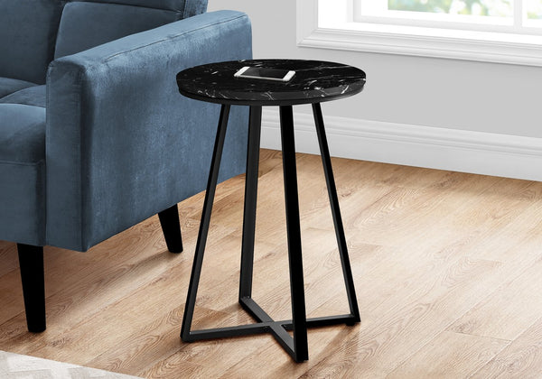 English Elm Accent Table - Sleek Round Black Marble-Look Laminate Side Table With Metal X-Base - Modern Design B2710P218979