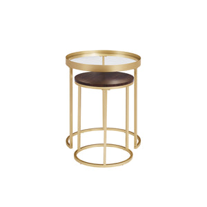 English Elm Walker Edison - Contemporary Gold-Metal Nesting Side Tables – Dark Walnut / Pale Gold