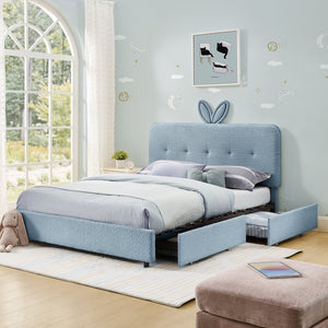 English Elm Full Size Kids Storage Bed Boucle Upholstered Rabbit Ear Headboard with Led Lighting Navy W1413P384925