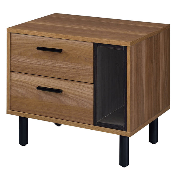 English Elm Brown Brown oak and black 2-drawer nightstand with open shelf, sleek modern accent table for storage and style B062P186504