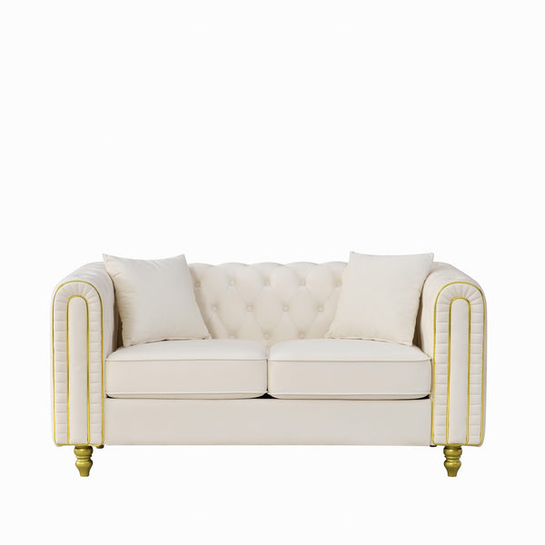 English Elm 3 Piece Chesterfield Velvet Sofa Set Button Tufted with Gold Legs for Living Room Beige W3373S00082