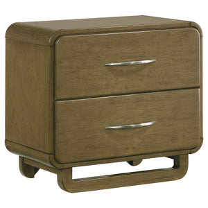 English Elm Tully Nutmeg two-drawer nightstand with metal glide drawers, modern profile, warm wood finish for tidy bedside spaces B062P374094