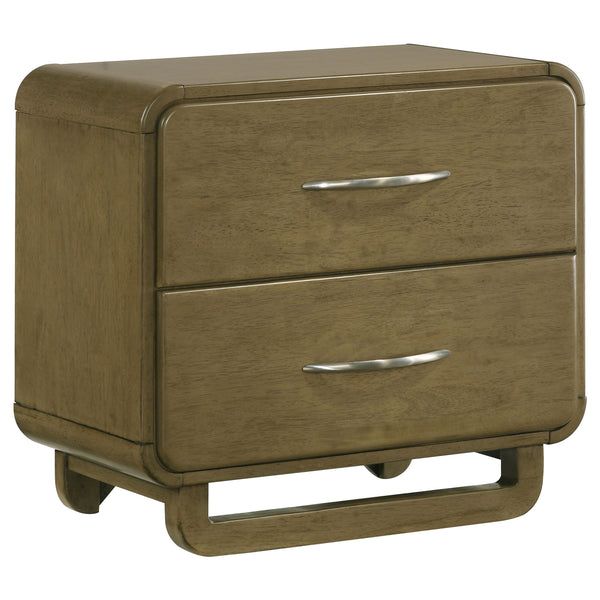 English Elm Tully Nutmeg two-drawer nightstand with metal glide drawers, modern profile, warm wood finish for tidy bedside spaces B062P374094