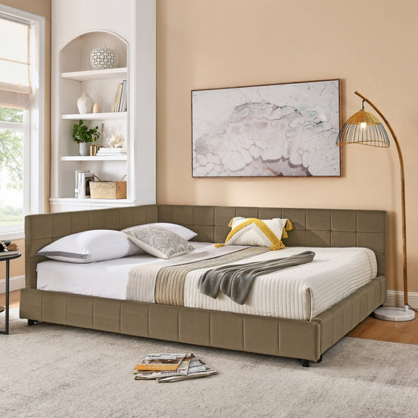 English Elm Queen Upholstered Tufted Bed Frame - Versatile Velvet Sofa Bed With Backrest & Armrests, Brown W487S00285-GIGA
