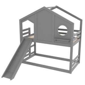 English Elm Full Bunk Bed with Trundle Bookshelf Storage Pine Frame Car Design for Kids Gray W1580S00465