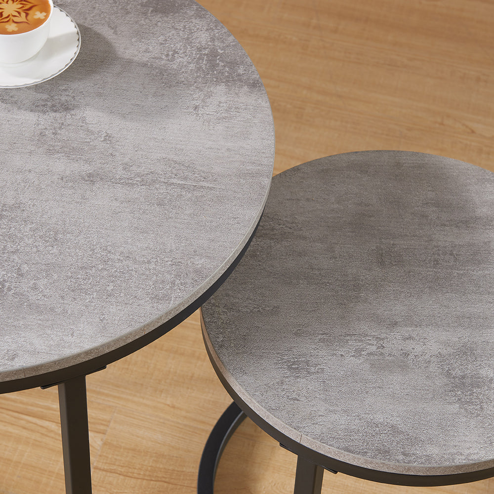 English Elm 24" Round Nesting Coffee Tables Faux Concrete Mdf Top Matte Black Metal Frame W3151P400586