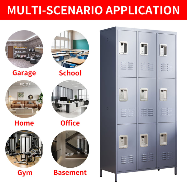 English Elm 9 Compartment Steel Locker Tower Powder Coated Gray for Gym Office or Bedroom T2398P251437