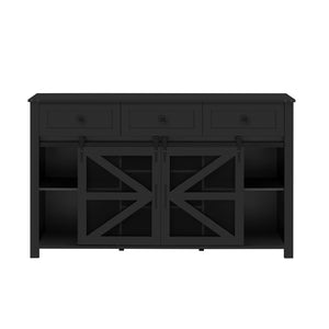 English Elm U_style Industrial Sideboard with Sliding Barn Doors Iron Mesh Panels and Three Drawers Black N711P347384B