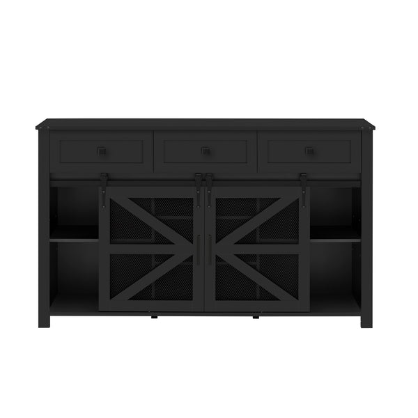English Elm U_style Industrial Sideboard with Sliding Barn Doors Iron Mesh Panels and Three Drawers Black N711P347384B