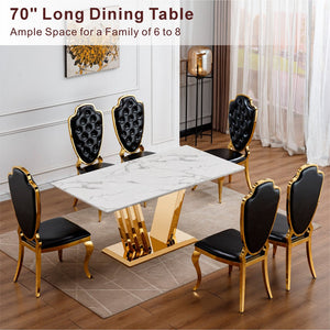 English Elm Marble Dining Table For 6-8 People - Elegant Faux Marble Top With Gold Mirrored Base For Modern Spaces W3456S00048