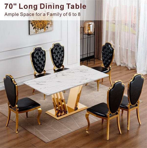 English Elm Marble Dining Table For 6-8 People - Elegant Faux Marble Top With Gold Mirrored Base For Modern Spaces W3456S00048