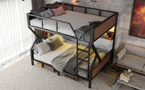 English Elm Queen Over Solid Pine Bunk Bed with Built in Shelves and Tray for Guest Rooms W5305S00013