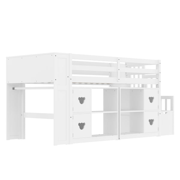 English Elm Twin Kids Low Loft Bed with Stair Drawers Built-in Led Shelving and Bear Handles W697S00039