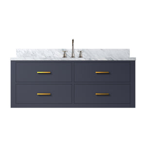 English Elm Blue Elegant Single Bath Vanity With Carrara Marble Top, Chrome Faucet Set & Soft-Close Features B2731P258007