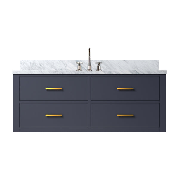 English Elm Blue Elegant Single Bath Vanity With Carrara Marble Top, Chrome Faucet Set & Soft-Close Features B2731P258007