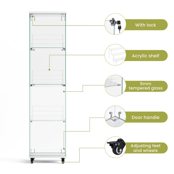 English Elm 4 Tier Glass Display Cabinet - Lockable, Mobile Showcase With 3 Acrylic Shelves For Home Or Office Decor W1668P241903