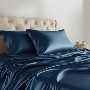 JLA Home Madison Park Essentials - Luxury Satin Sheet Set for Smooth, Skin-Friendly Sleep with Wrinkle-Resistant Finish & OEKO-TEX Safety Midnight Blue MPE20-1137