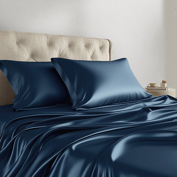 JLA Home Madison Park Essentials - Luxury Satin Sheet Set for Smooth, Skin-Friendly Sleep with Wrinkle-Resistant Finish & OEKO-TEX Safety Midnight Blue MPE20-1137