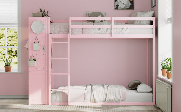 English Elm Twin Bunk Bed with Storage Drawers Hanging Rail Led Shelves and Pegboard Organizer Pink LT000282AAH