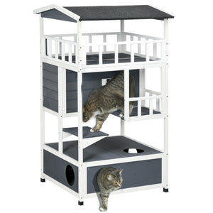 English Elm Pawhut Wooden Multi-Level Cat House - Cozy Outdoor Feral Shelter With Escape Doors & Roof, Grey W2225P217564-GIGA
