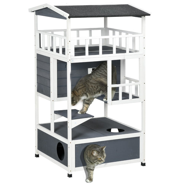 English Elm Pawhut Wooden Multi-Level Cat House - Cozy Outdoor Feral Shelter With Escape Doors & Roof, Grey W2225P217564-GIGA