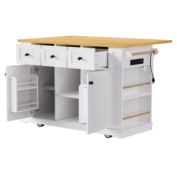 English Elm K&k 53 Inch Rolling Kitchen Island with Drop Leaf Power Outlet and Open Storage Racks White N707S185531W