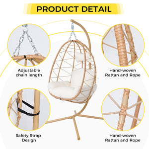 English Elm Hanging Egg Swing Chair Pe Wicker Foldable Frame with Cushion for Patio or Bedroom T5880P497565