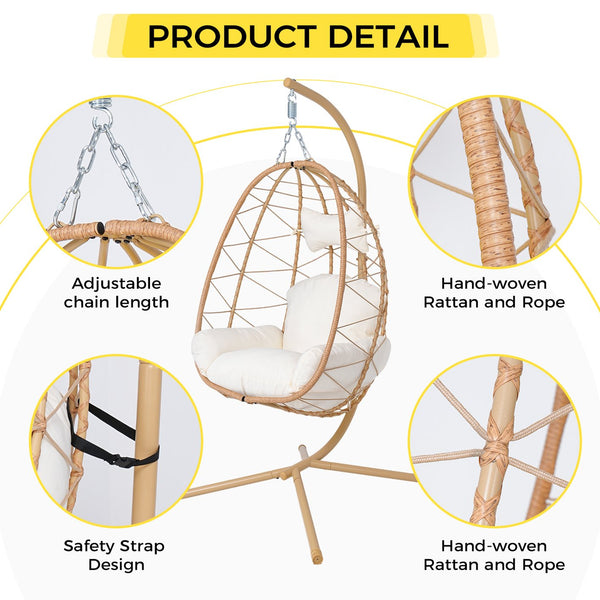 English Elm Hanging Egg Swing Chair Pe Wicker Foldable Frame with Cushion for Patio or Bedroom T5880P497565