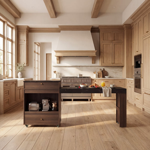 English Elm 78.8'' Fluted Rolling Kitchen Island with Extendable Dining Surface Built-in Power Mdf Walnut B2764S00002