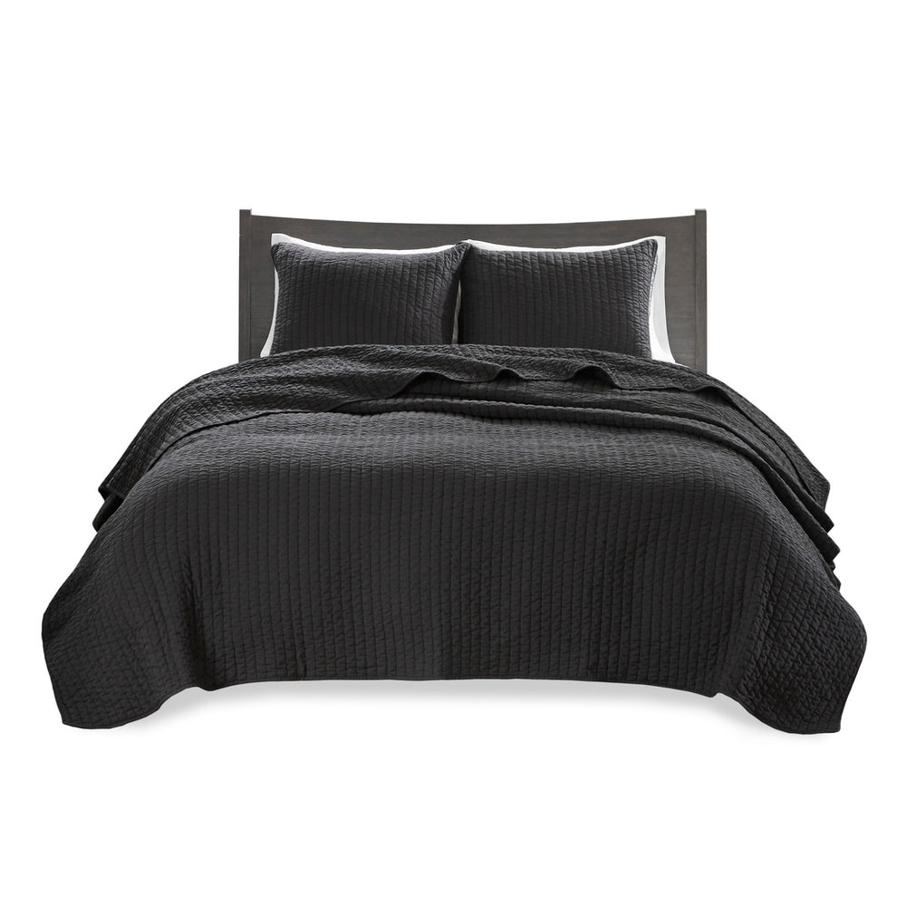 English Elm 3 Piece Keaton Reversible Quilt Set Black King/Cal King - Microfiber Brushed, Antimicrobial, Farmhouse Style Bedding B035129042