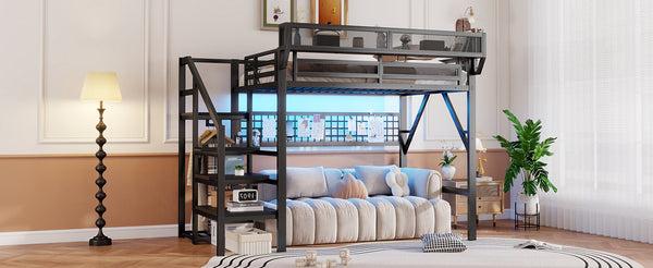 English Elm Full Metal Loft Bed with Stairs Wardrobe Rgb Lighting and Storage for Teens W2580S00066