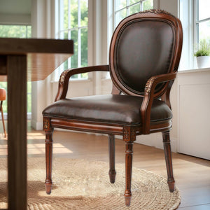 English Elm Benard Traditional Oval Back Leather Chair in Brown Faux Leather with Hand Carved Floral Details B050P229949