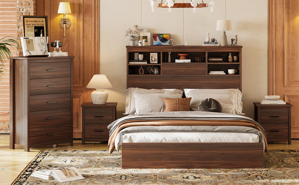 English Elm 4PCS Queen Bedroom Set with Storage Headboard & Built‑In Charging Station, 2 Nightstands, Dresser Walnut 54.25 L x 18.75 W x 9.25 H N733S307937W