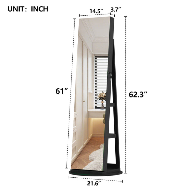 English Elm 360°swivel Jewelry Armoire with Lighted Interior Full Length Mirror Lockable White Black W3406P411299